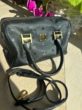 MCM Vintage 90s Black Logo Satchel with Gold Hardware and Detachable Strap